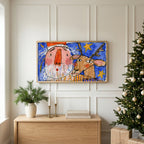Christmas TV art above an oak sideboard next to a decorated Christmas tree