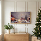 Christmas TV art above an oak sideboard next to a decorated Christmas tree