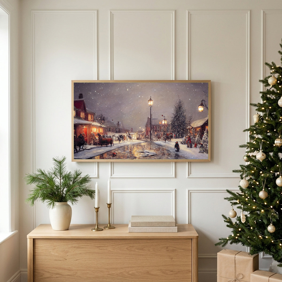 Christmas TV art above an oak sideboard next to a decorated Christmas tree