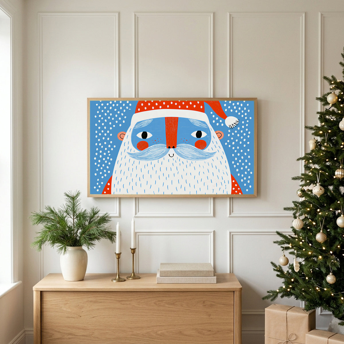 Santa face TV art above an oak sideboard next to a decorated Christmas tree