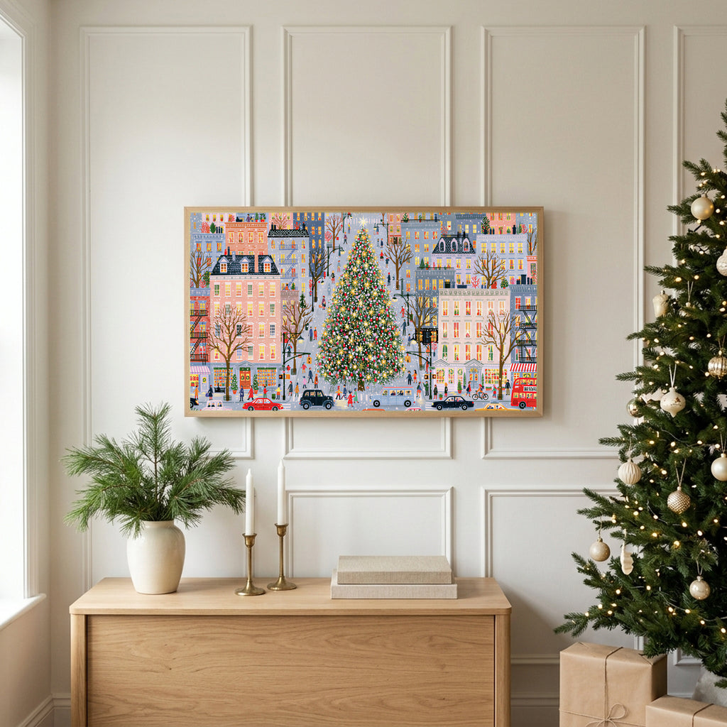 Snowy city street with a big tree TV art above an oak sideboard next to a decorated Christmas tree