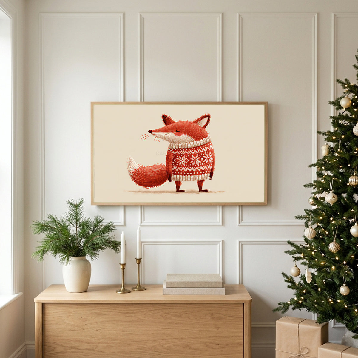 Fox in a holiday sweater TV art above an oak sideboard next to a decorated Christmas tree