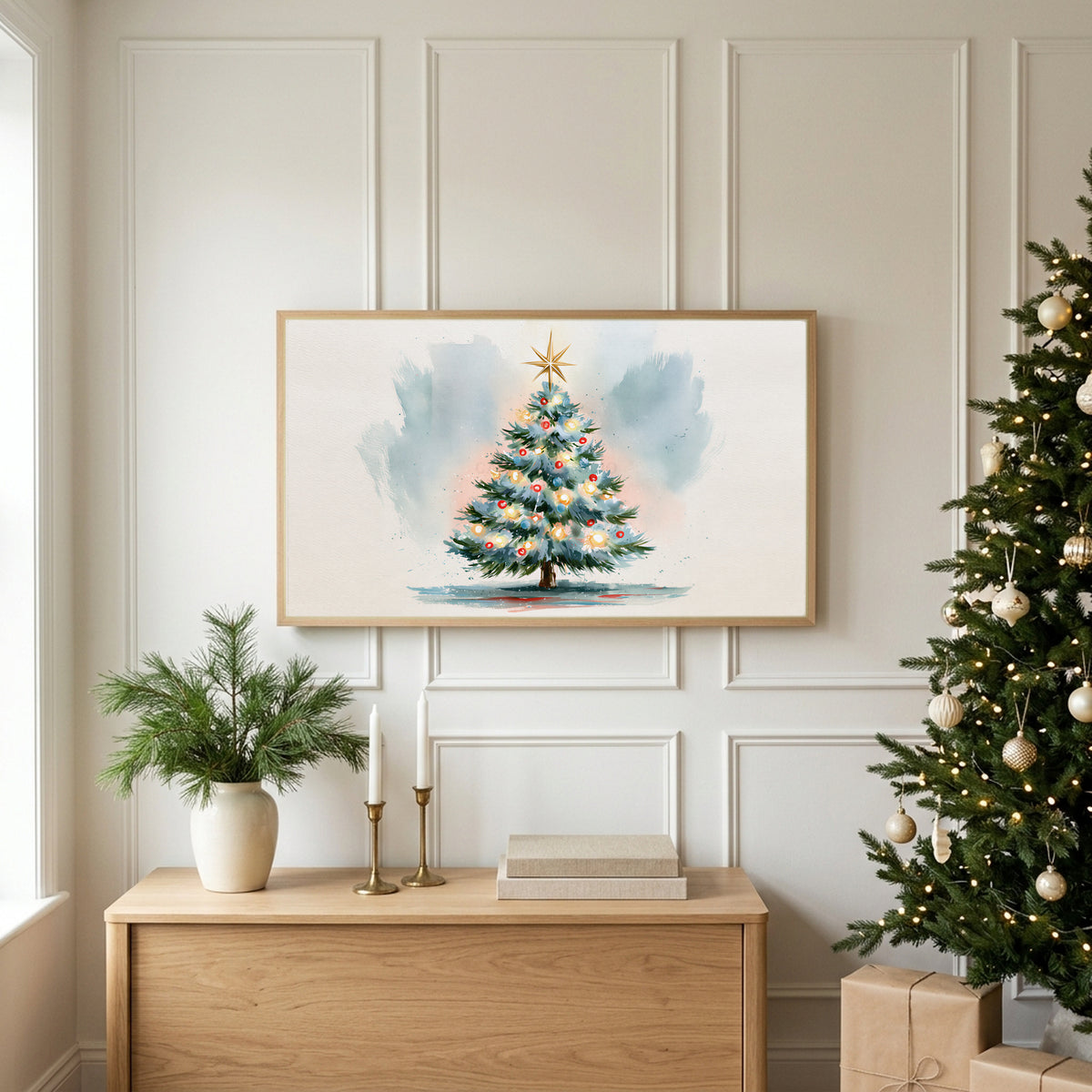 Watercolor Christmas tree TV art above an oak sideboard next to a decorated Christmas tree