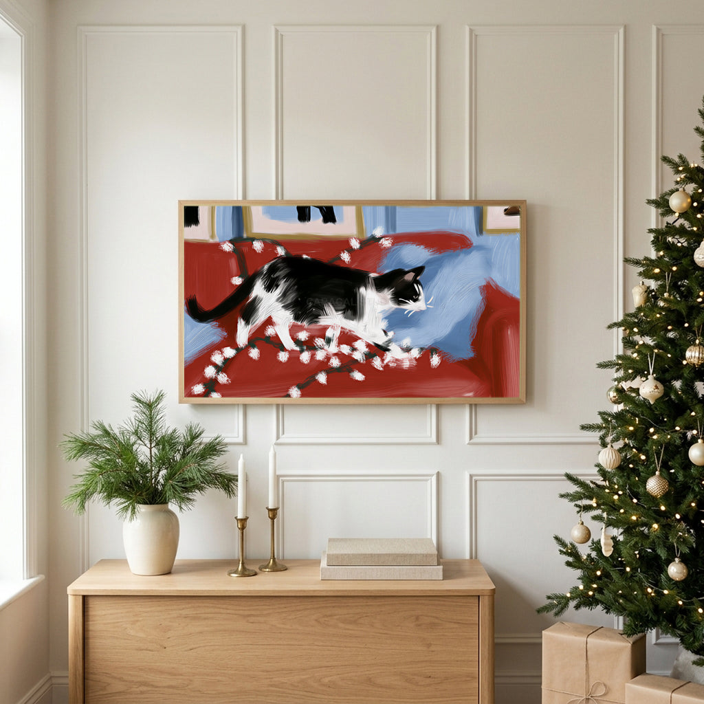 Christmas TV art above an oak sideboard next to a decorated Christmas tree