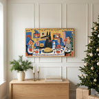 Folk art Christmas dinner TV art above an oak sideboard next to a decorated Christmas tree