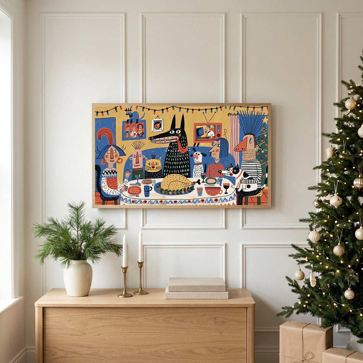 Folk art Christmas dinner TV art above an oak sideboard next to a decorated Christmas tree
