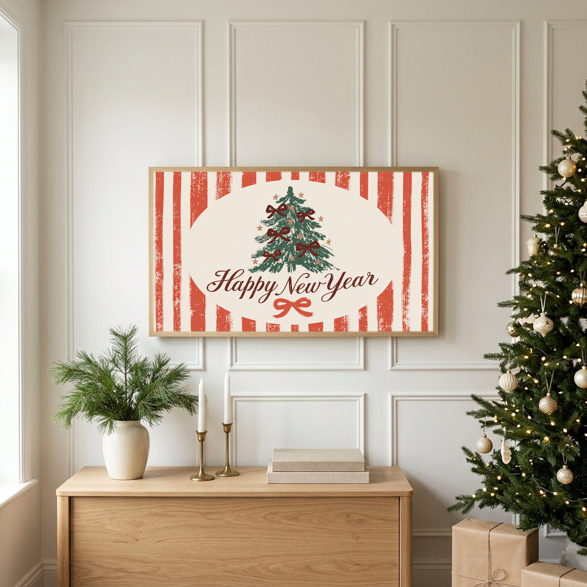 Happy New Year TV art above an oak sideboard next to a decorated Christmas tree