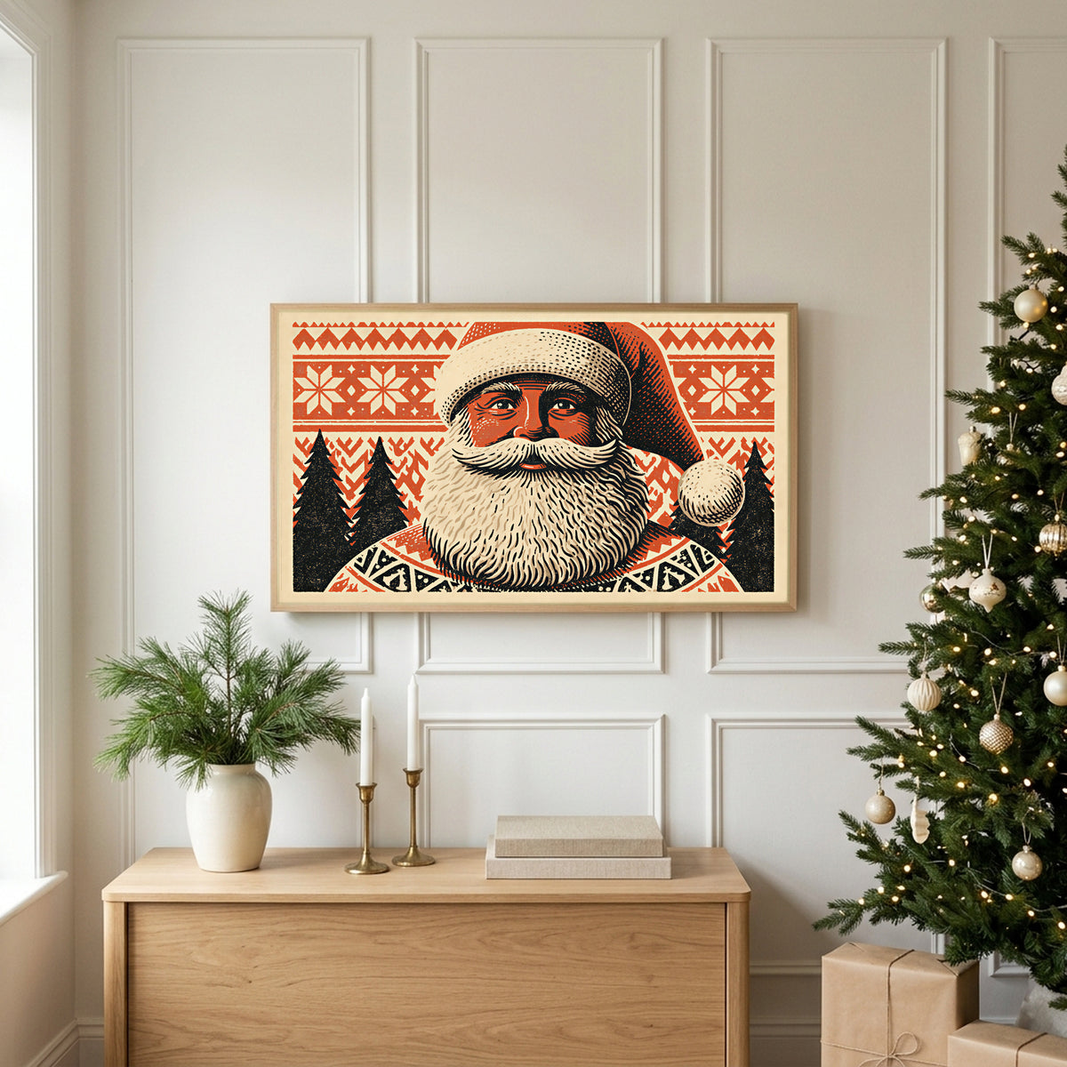 Santa portrait TV art above an oak sideboard next to a decorated Christmas tree