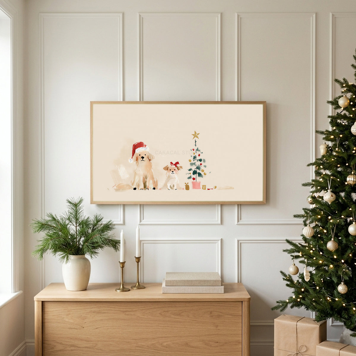 Christmas TV art above an oak sideboard next to a decorated Christmas tree