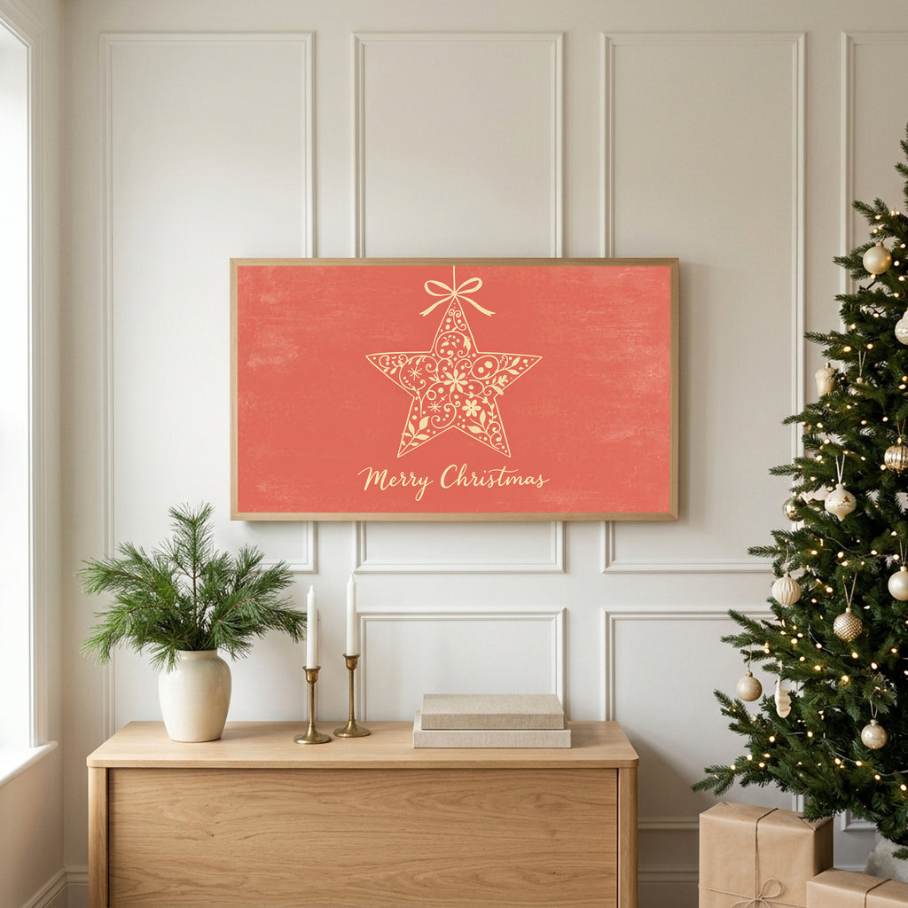 Star ornament TV art above an oak sideboard next to a decorated Christmas tree