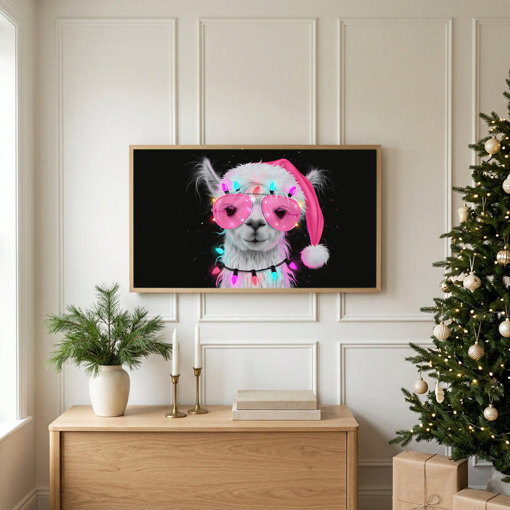 Llama in a Santa hat TV art above an oak sideboard next to a decorated Christmas tree