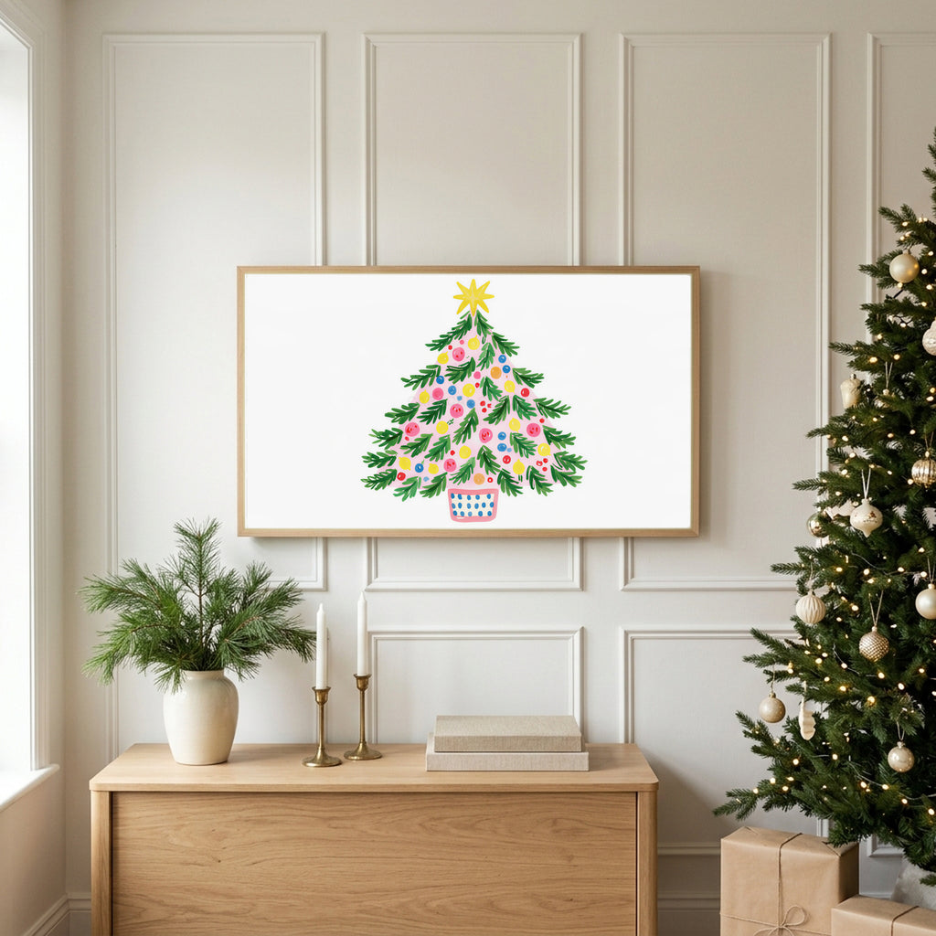 Colorful Christmas tree TV art above an oak sideboard next to a decorated Christmas tree