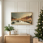 Winter TV art above an oak sideboard next to a decorated Christmas tree