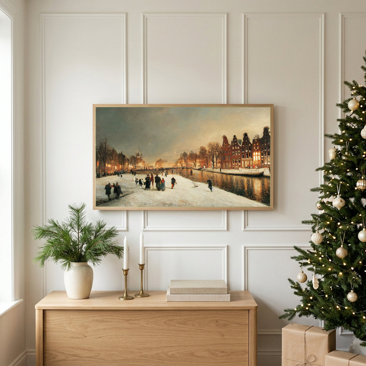 Winter TV art above an oak sideboard next to a decorated Christmas tree