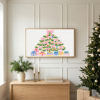 Christmas TV art above an oak sideboard next to a decorated Christmas tree