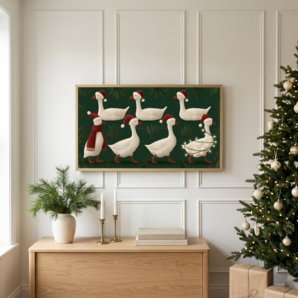 Geese in Santa hats TV art above an oak sideboard next to a decorated Christmas tree