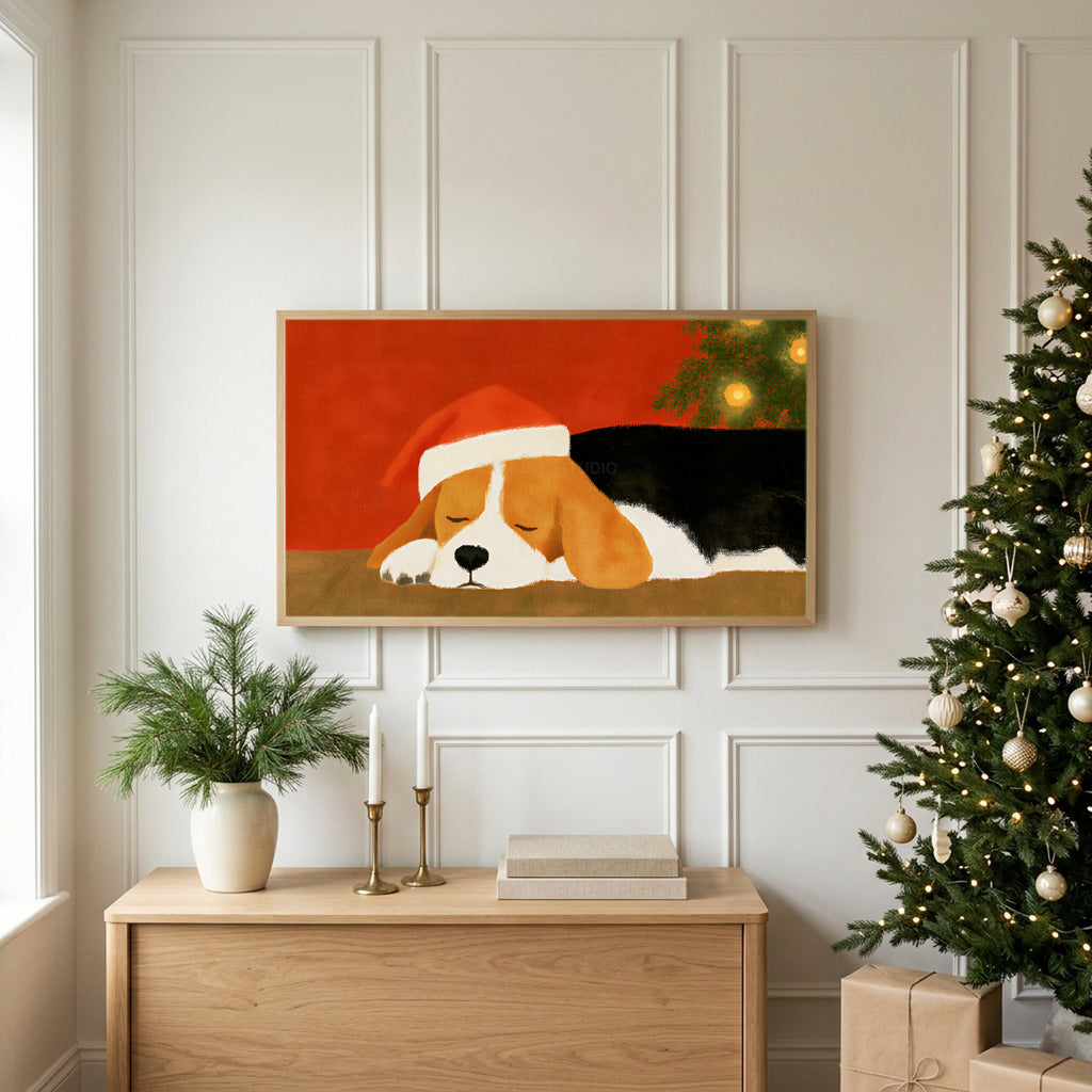Sleeping beagle TV art above an oak sideboard next to a decorated Christmas tree
