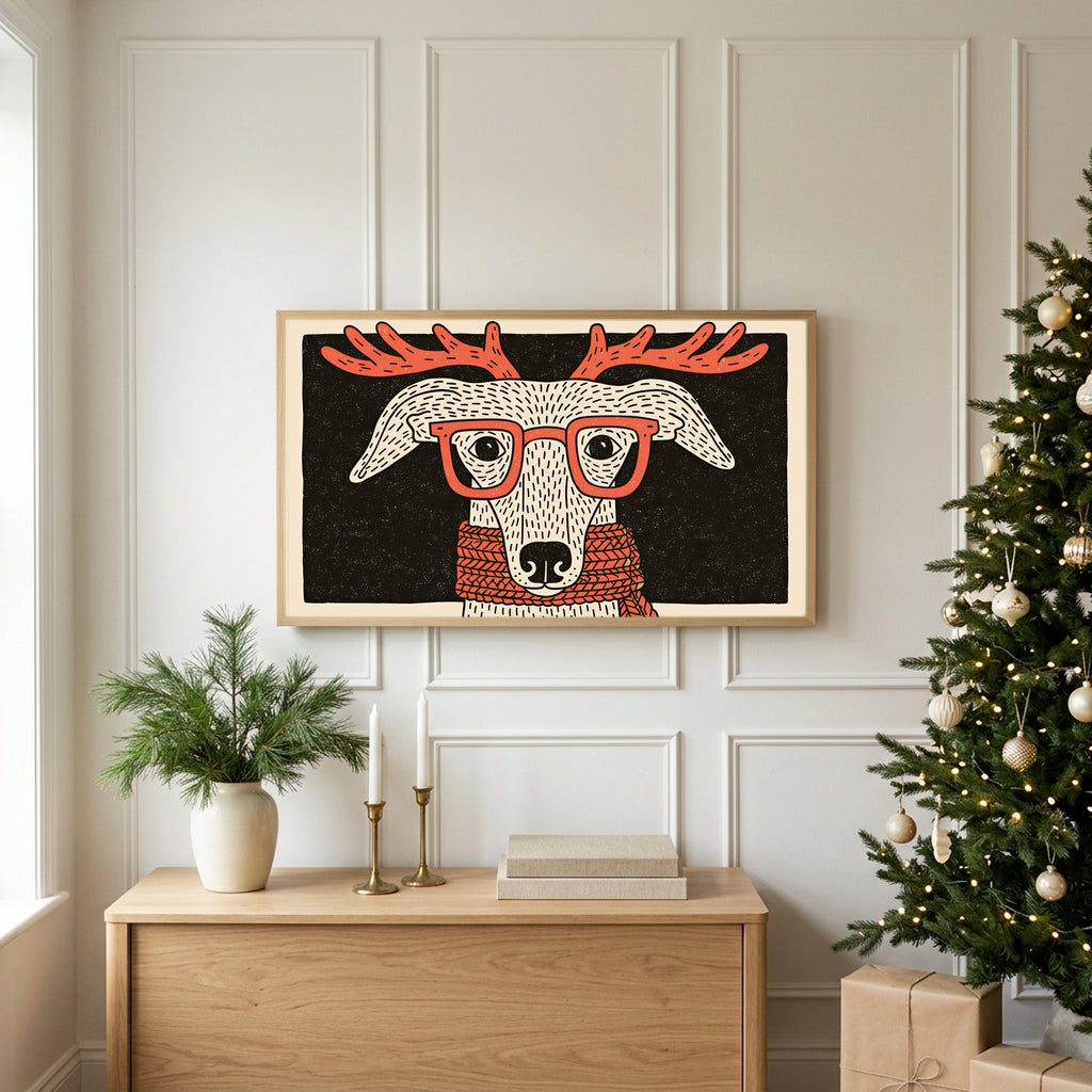 Christmas TV art above an oak sideboard next to a decorated Christmas tree