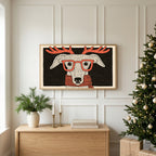 Christmas TV art above an oak sideboard next to a decorated Christmas tree