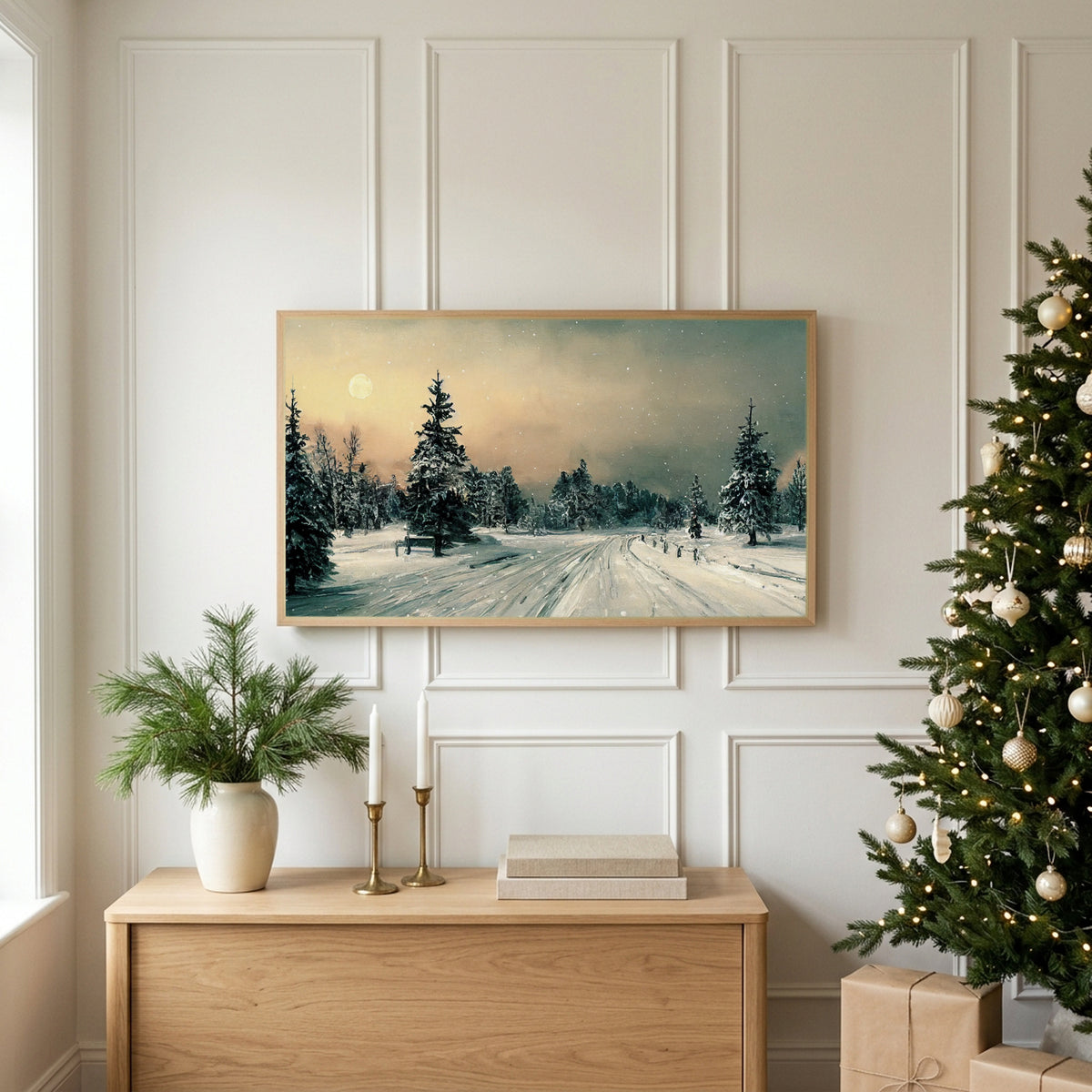 Winter TV art above an oak sideboard next to a decorated Christmas tree