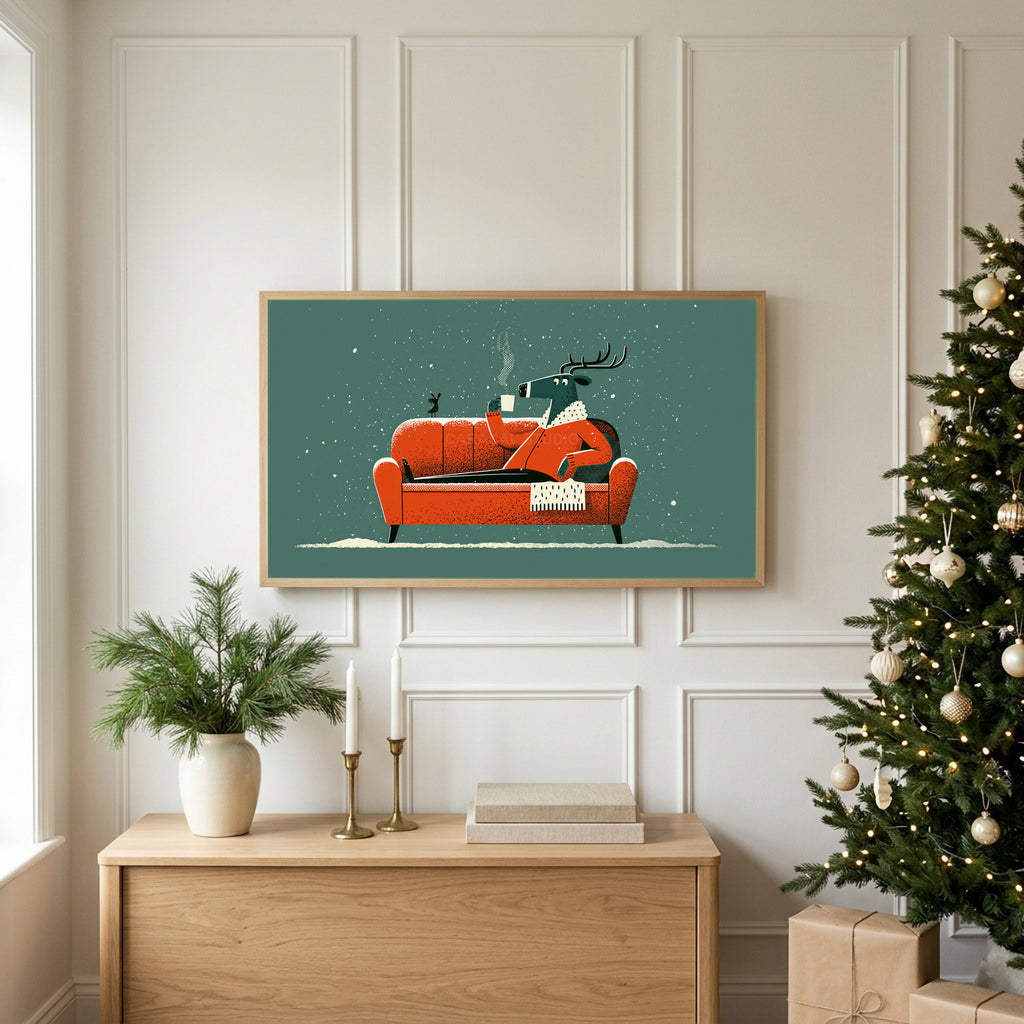 Reindeer on a sofa TV art above an oak sideboard next to a decorated Christmas tree