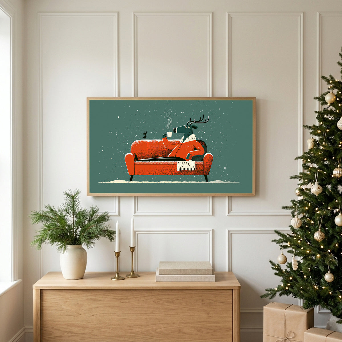 Reindeer on a sofa TV art above an oak sideboard next to a decorated Christmas tree