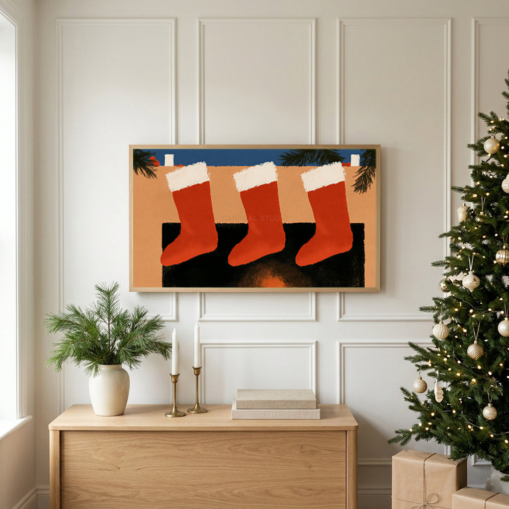 Stockings on the mantel TV art above an oak sideboard next to a decorated Christmas tree
