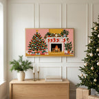 Tree and fireplace TV art above an oak sideboard next to a decorated Christmas tree