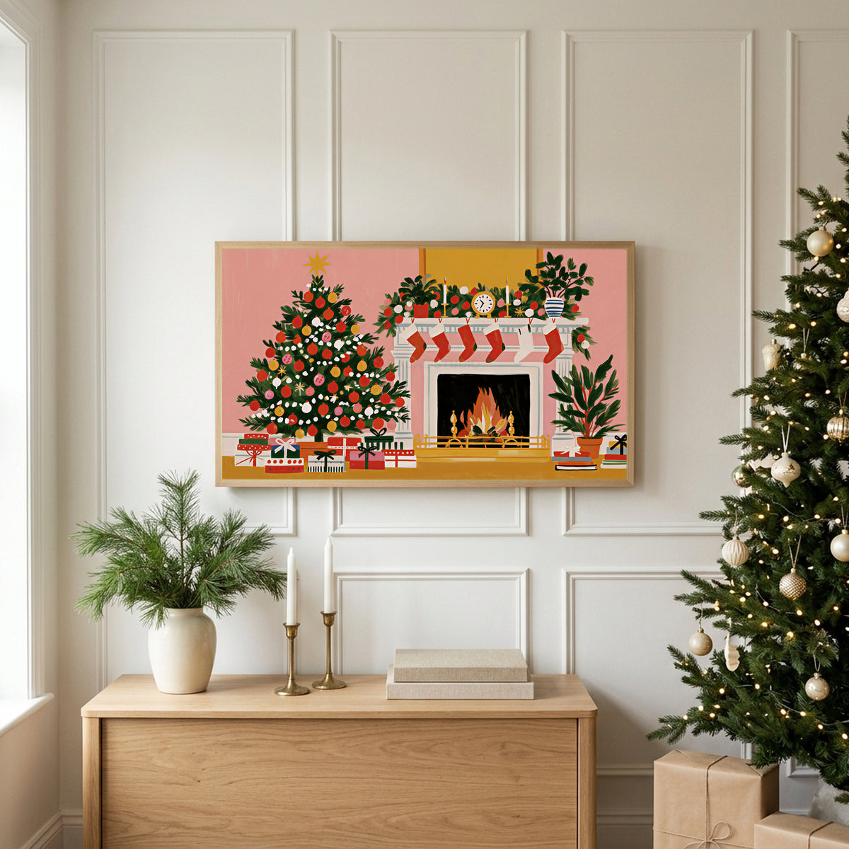Tree and fireplace TV art above an oak sideboard next to a decorated Christmas tree