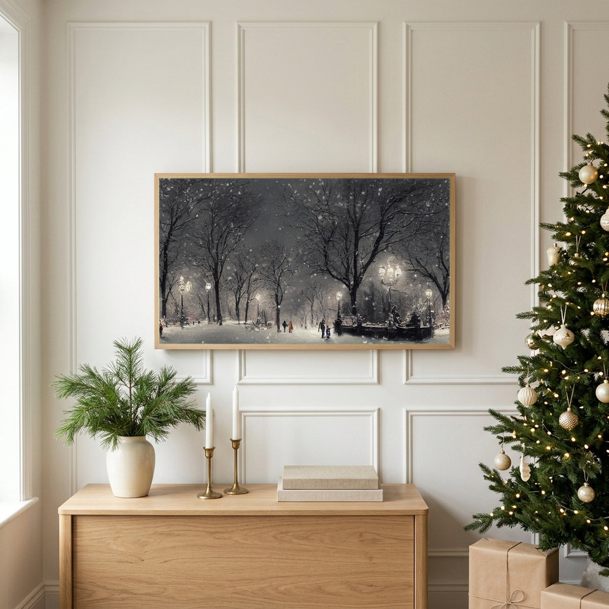 Winter TV art above an oak sideboard next to a decorated Christmas tree