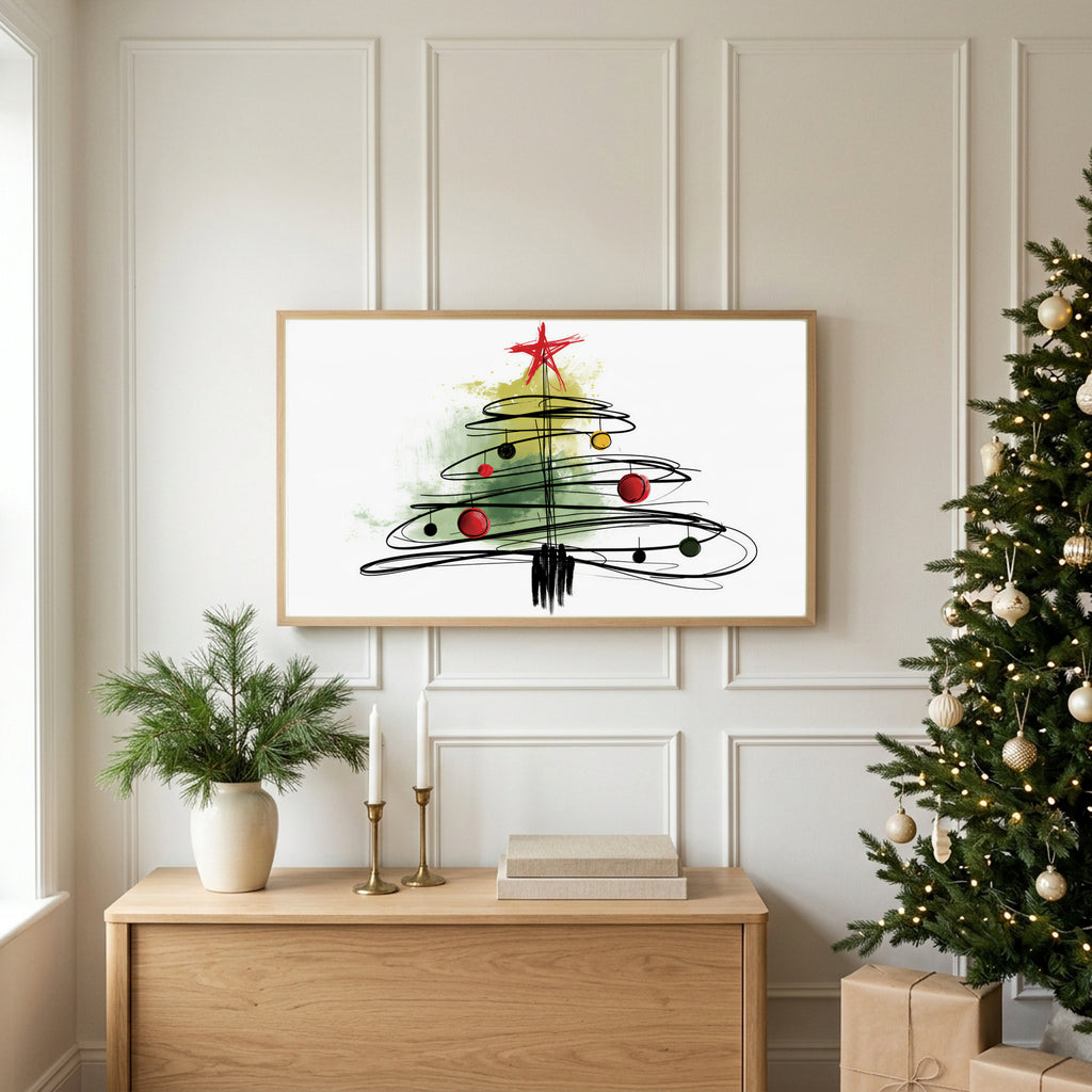 Scribble Christmas tree TV art above an oak sideboard next to a decorated Christmas tree