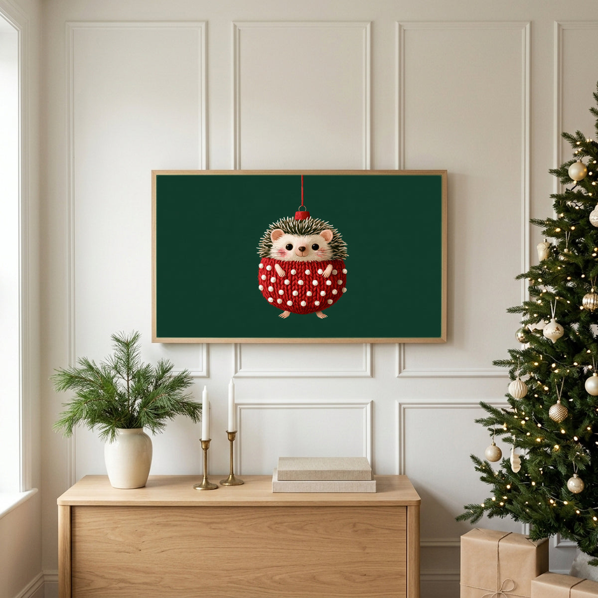 Hedgehog ornament TV art above an oak sideboard next to a decorated Christmas tree