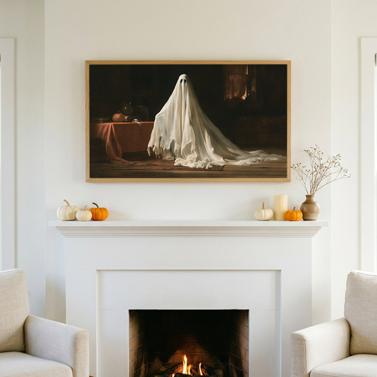 Halloween TV art above a white fireplace with small pumpkins on the mantel