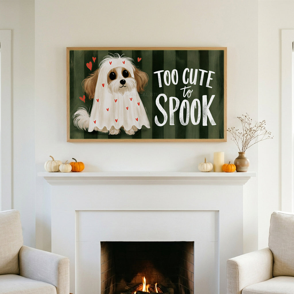 Dog ghost TV art above a white fireplace with small pumpkins on the mantel