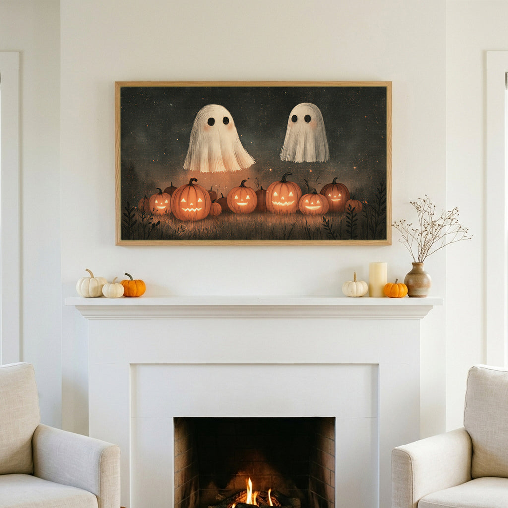 Halloween TV art above a white fireplace with small pumpkins on the mantel