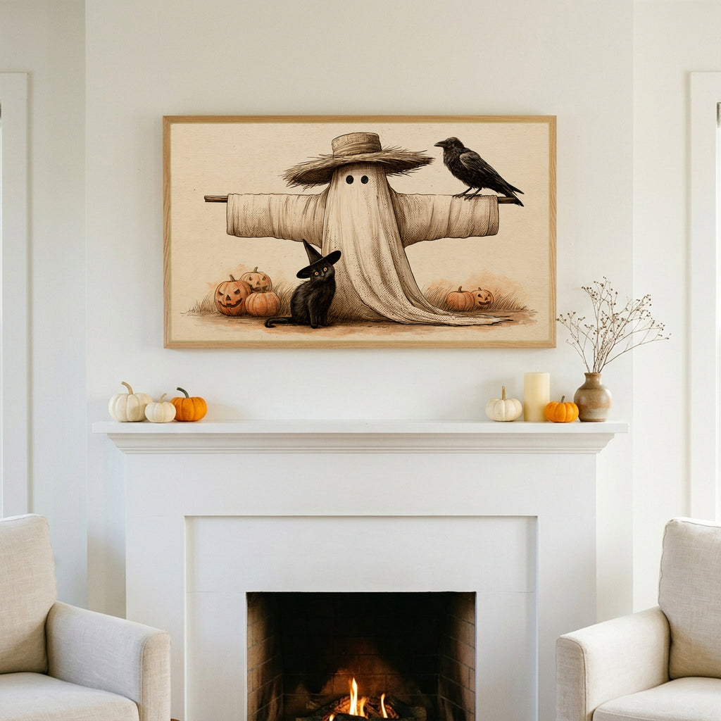 Halloween TV art above a white fireplace with small pumpkins on the mantel