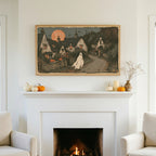 Halloween TV art above a white fireplace with small pumpkins on the mantel