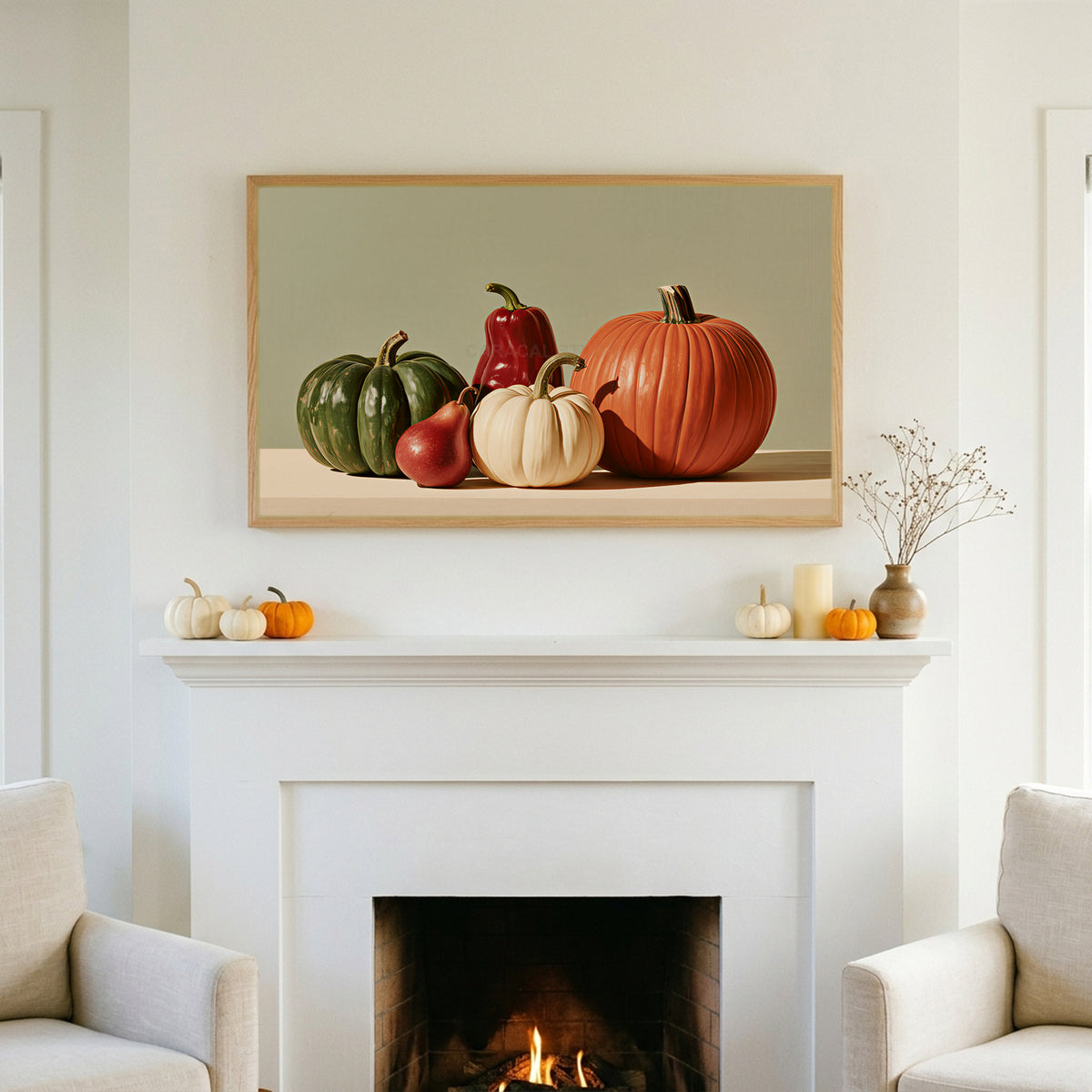 Pumpkin still life TV art above a white fireplace with small pumpkins on the mantel