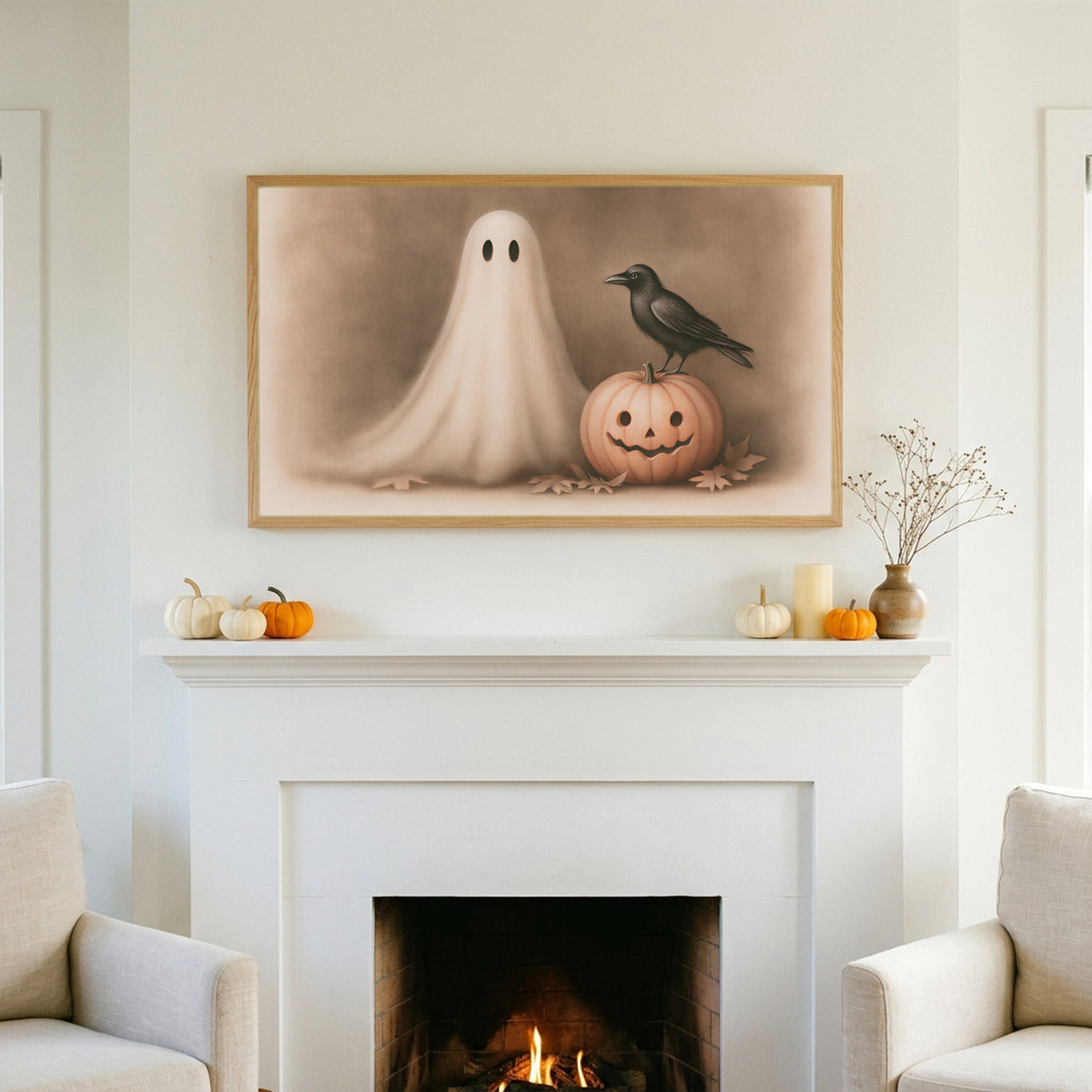 Halloween TV art above a white fireplace with small pumpkins on the mantel