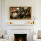 Halloween TV art above a white fireplace with small pumpkins on the mantel