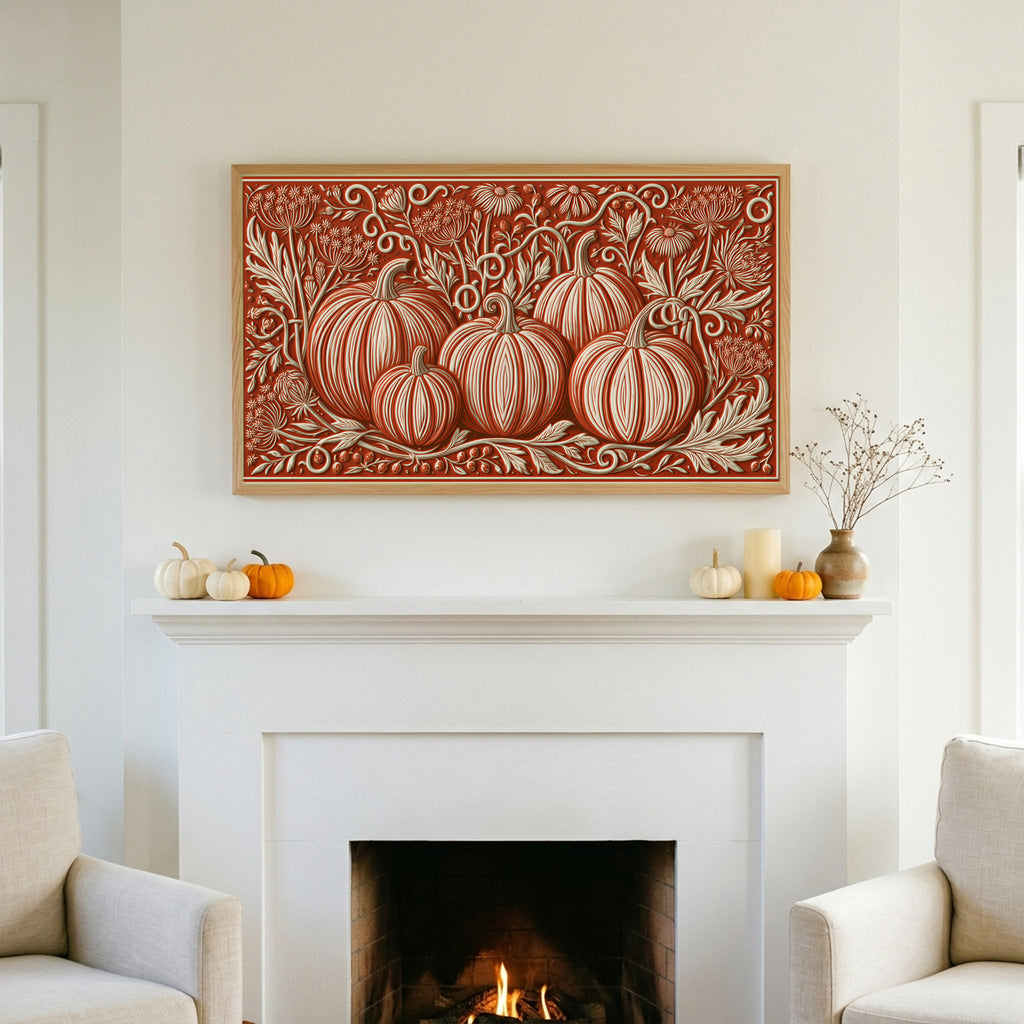 Folk art pumpkins TV art above a white fireplace with small pumpkins on the mantel