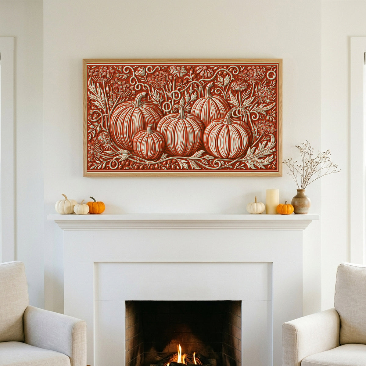 Folk art pumpkins TV art above a white fireplace with small pumpkins on the mantel