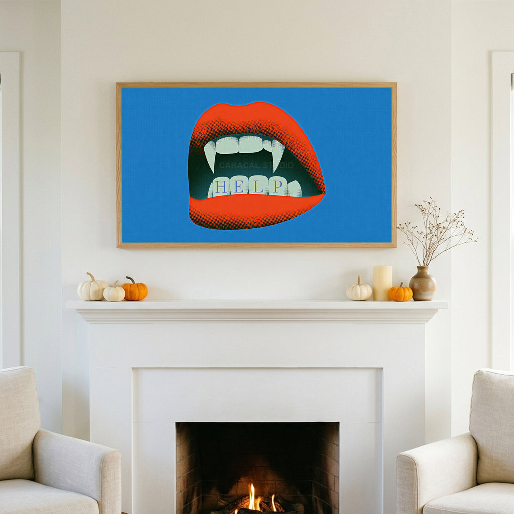 Halloween TV art above a white fireplace with small pumpkins on the mantel