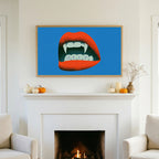 Halloween TV art above a white fireplace with small pumpkins on the mantel
