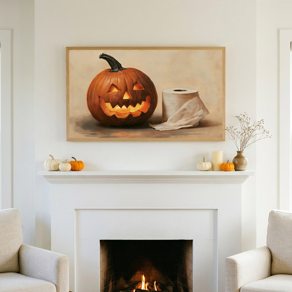 Halloween TV art above a white fireplace with small pumpkins on the mantel