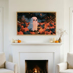 Halloween TV art above a white fireplace with small pumpkins on the mantel