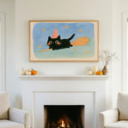 Black cat witch TV art above a white fireplace with small pumpkins on the mantel