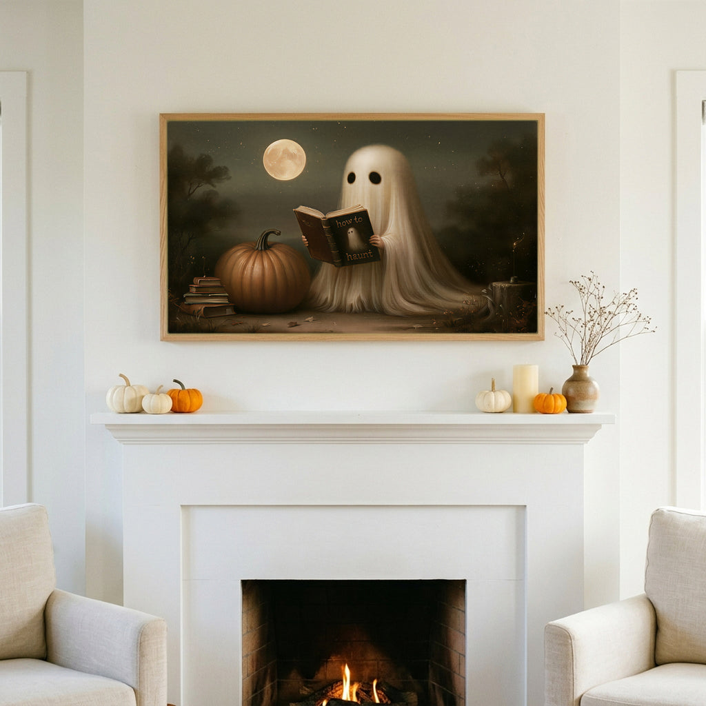 Halloween TV art above a white fireplace with small pumpkins on the mantel