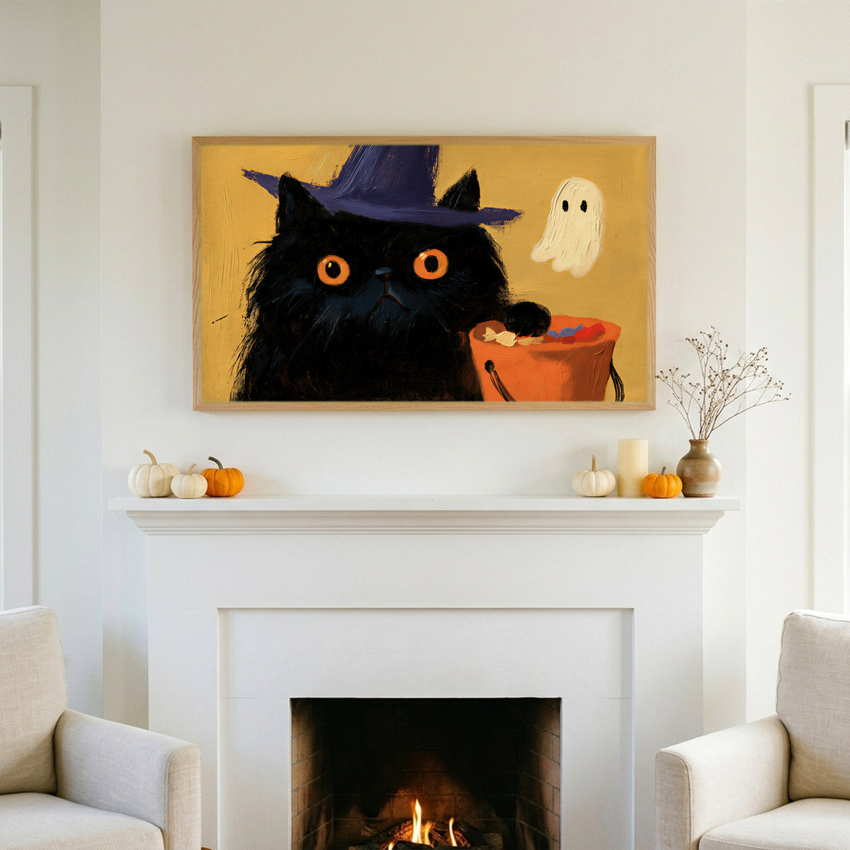 Halloween TV art above a white fireplace with small pumpkins on the mantel