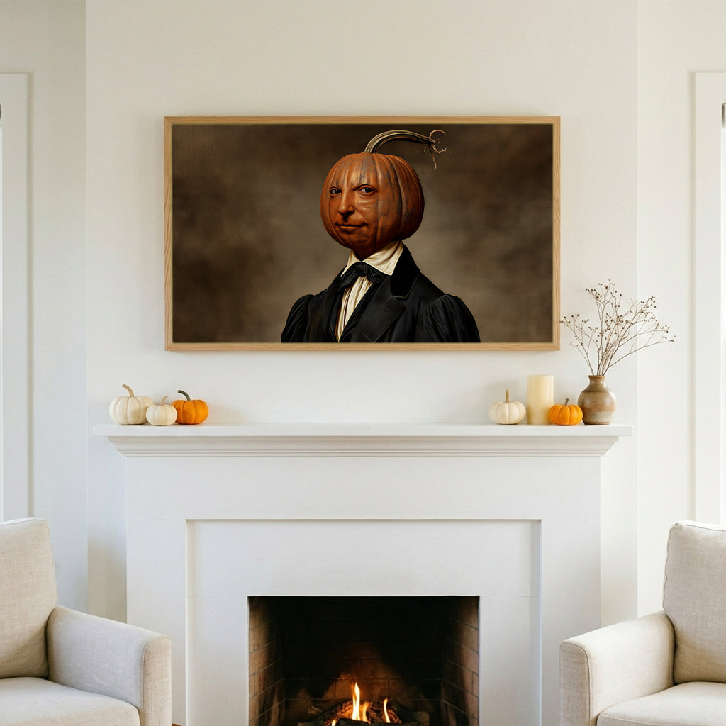 Halloween TV art above a white fireplace with small pumpkins on the mantel